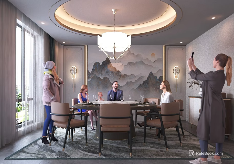 Luxury Private Dining Box With Round Table And Mountain Painting Decor 3d model 