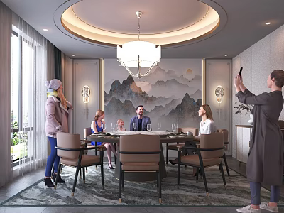 Luxury Private Dining Box With Round Table And Mountain Painting Decor 3d model