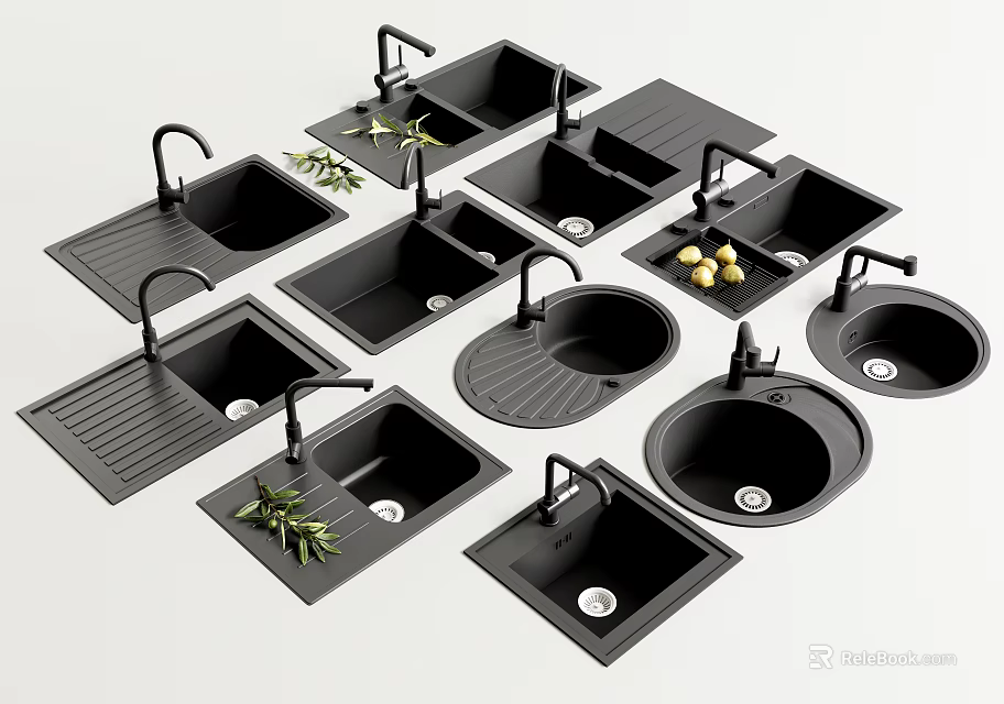 Various Shapes of Kitchen Sinks with Faucets Drain Boards and Decorative Elements 3d model 