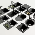 Various Shapes of Kitchen Sinks with Faucets Drain Boards and Decorative Elements