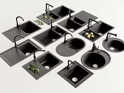 Various Shapes of Kitchen Sinks with Faucets Drain Boards and Decorative Elements 3d model