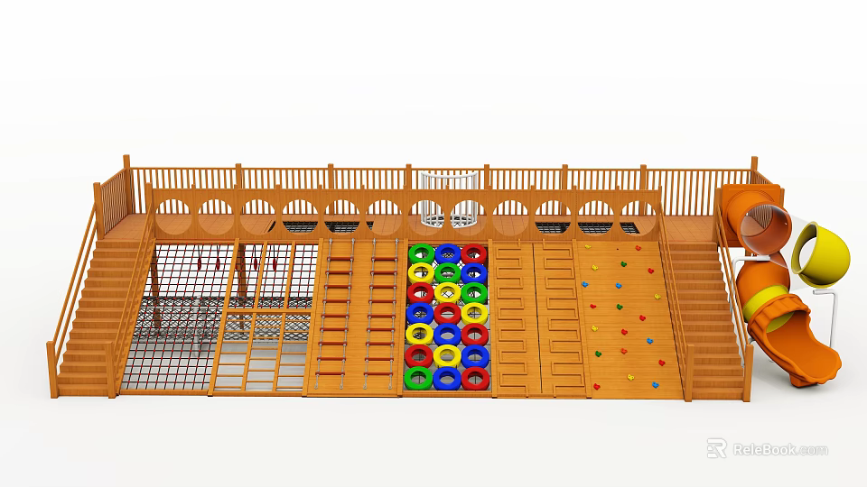Outdoor Kids Playground Equipment With Wooden Structure Climbing Net Colorful Discs And Rock Climbing Wall 3d model 