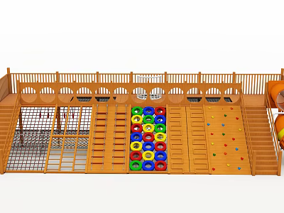 Outdoor Kids Playground Equipment With Wooden Structure Climbing Net Colorful Discs And Rock Climbing Wall 3d model