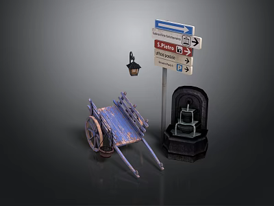 Outdoor Decorative Components With Vintage Blue Cart Street Lamp Directional Sign And Trash Can 3d model
