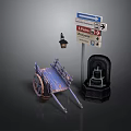 Outdoor Decorative Components With Vintage Blue Cart Street Lamp Directional Sign And Trash Can