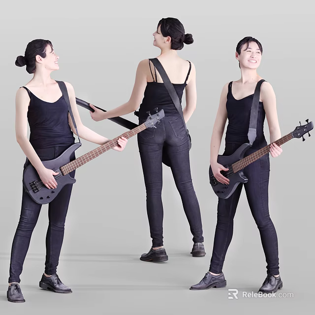 Woman Holding Black Bass Guitar In Black Vest And Jeans From Different Angles 3d model 