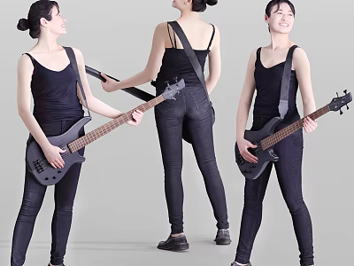 Woman Holding Black Bass Guitar In Black Vest And Jeans From Different Angles 3d model
