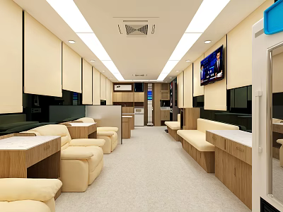 Modern Spacious Waiting Lounge Interior Featuring Beige Sofas Wooden Tables And TV 3d model