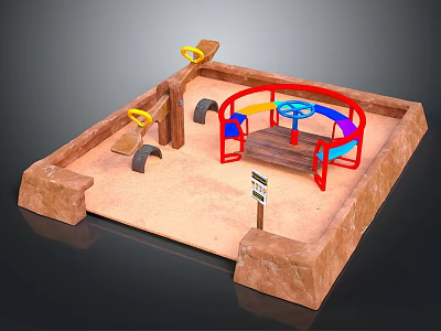Children's Playground Sandpit Area With Wooden Bench Colorful Rings Black Tires And Climbing Structures 3d model