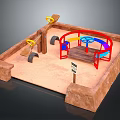 Children's Playground Sandpit Area With Wooden Bench Colorful Rings Black Tires And Climbing Structures