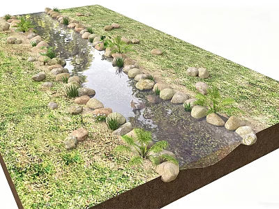Waterfront Landscape Design With Natural Stream Stones Grass And Green Vegetation 3d model