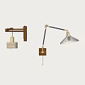 Modern Wall Lamps With Wooden Brackets Golden Metal Adjustable Arm And Woven White Striped Lampshades