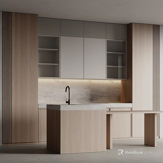 Modern Minimalist Kitchen Interior With Wooden Cabinets Open Gray Shelves Marble Countertop And Lighting 3d model 