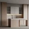 Modern Minimalist Kitchen Interior With Wooden Cabinets Open Gray Shelves Marble Countertop And Lighting