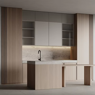 Modern Minimalist Kitchen Interior With Wooden Cabinets Open Gray Shelves Marble Countertop And Lighting 3d model