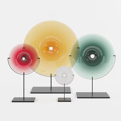 Colorful Decorative Discs On Black Stands With White Background Arrangement 3d model
