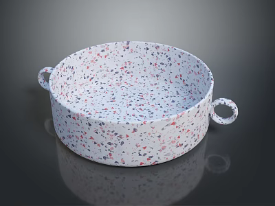 Round Decorative Tray with Two Ring Handles and Colorful Speckled Pattern on White Base 3d model