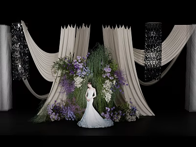 Elegant Sculpture Carving Design For Wedding Scene With Purple White Flowers And Curtains 3d model