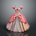 Man Holding Pink White Princess Dress With Ruffled Skirt And Red Decorations