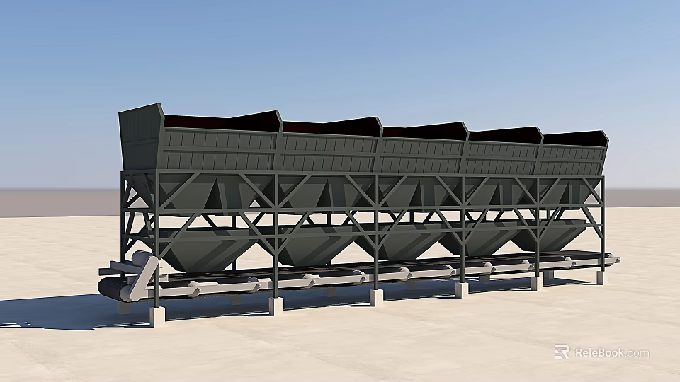 Industrial Equipment Featuring Multiple Storage Bins Conveyor System And Metal Frame Structure 3d model 