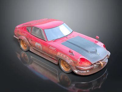 Red Vintage Rusty Sports Car With Black Hood And Gold Wheels 3d model