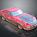 Red Vintage Rusty Sports Car With Black Hood And Gold Wheels