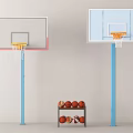 Basketball Gym With Two Blue Pole Hoops And Basketballs On Shelf