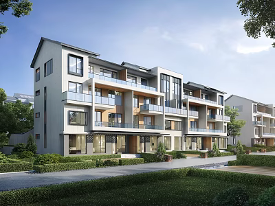 Modern Townhouse Exterior Design With Lush Greenery 3d model