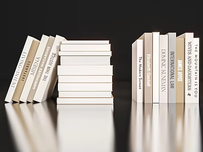 Decorative Book Ornament Set with Stacked Leaning Upright Design for Styling on Dark Reflective Surface 3d model