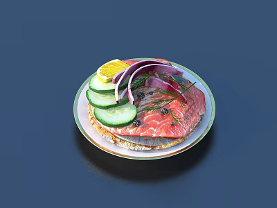 Fresh Salmon Dish with Cucumber Slices Red Onion Rings and Lemon Slice on Plate 3d model