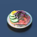 Fresh Salmon Dish with Cucumber Slices Red Onion Rings and Lemon Slice on Plate