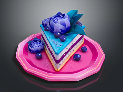 Sliced Purple Blue Layered Cake With Purple Flower Decoration On Pink Plate And Blue Berries 3d model