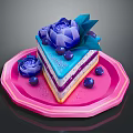 Sliced Purple Blue Layered Cake With Purple Flower Decoration On Pink Plate And Blue Berries