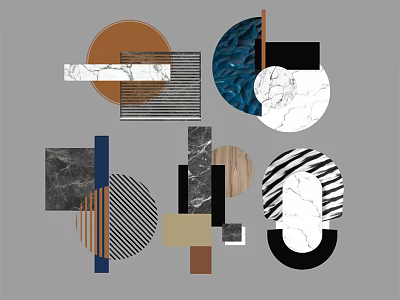 Modern Geometric Wall Decor with Marble Wood Grain Metal Circles Squares and Striped Patterns 3d model