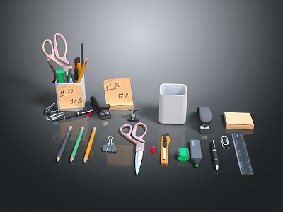 Office Stationery Collection With Scissors Pencils Stapler Paper Clips And Sticky Notes 3d model