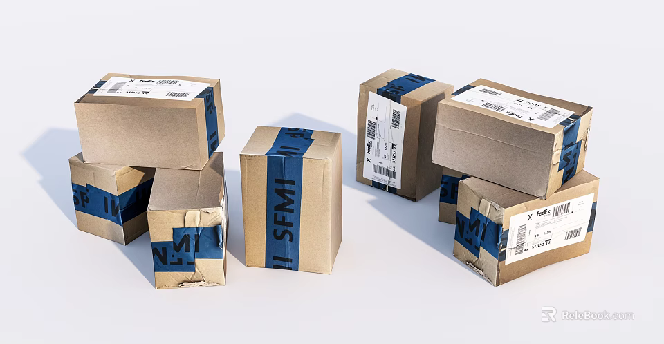 Multiple Brown Cardboard Cartons With Blue Tape And Shipping Labels On White Background 3d model 