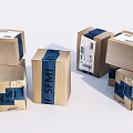 Multiple Brown Cardboard Cartons With Blue Tape And Shipping Labels On White Background
