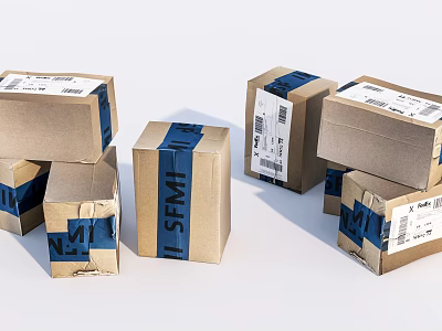 Multiple Brown Cardboard Cartons With Blue Tape And Shipping Labels On White Background 3d model