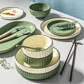 Green and Cream Ceramic Dinnerware Set with Bowls Plates Utensils and Rosemary Decor