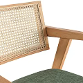 Stylish Modern Accent Chair With Dark Wooden Frame Rattan Backrest And Beige Fabric Seat