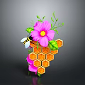 Pink Flower Plant With Green Leaves Bee And Hexagonal Honeycomb Design Structure
