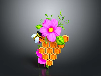 Pink Flower Plant With Green Leaves Bee And Hexagonal Honeycomb Design Structure 3d model