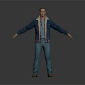 Game Character Male Wearing Blue Denim Jacket Fleece Lining Blue Jeans Brown Shoes Arms Outstretched