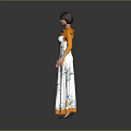 Elegant Female Character In White Long Dress With Green Blue Floral Patterns And Orange Trims