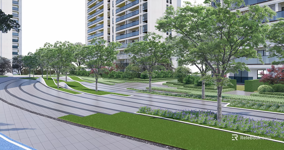 Modern Residential Landscape Design With High Rise Buildings Lush Green Trees And Pedestrian Pathways 3d model 