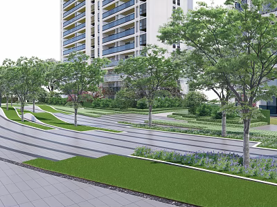 Modern Residential Landscape Design With High Rise Buildings Lush Green Trees And Pedestrian Pathways 3d model