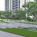 Modern Residential Landscape Design With High Rise Buildings Lush Green Trees And Pedestrian Pathways