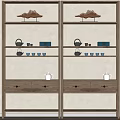 Traditional Wooden Display Shelves With Mountain Shaped Decor Teapots Teacups And Drawers