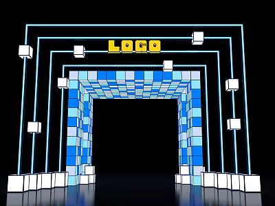 Modern Exhibition Entrance With Blue Square Panels Neon Lights And Yellow LOGO 3d model