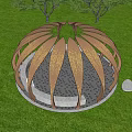 Pergola Featuring Golden Leaf Shaped Structure Illuminated Under Evening Sky With Trees And Circular Platform